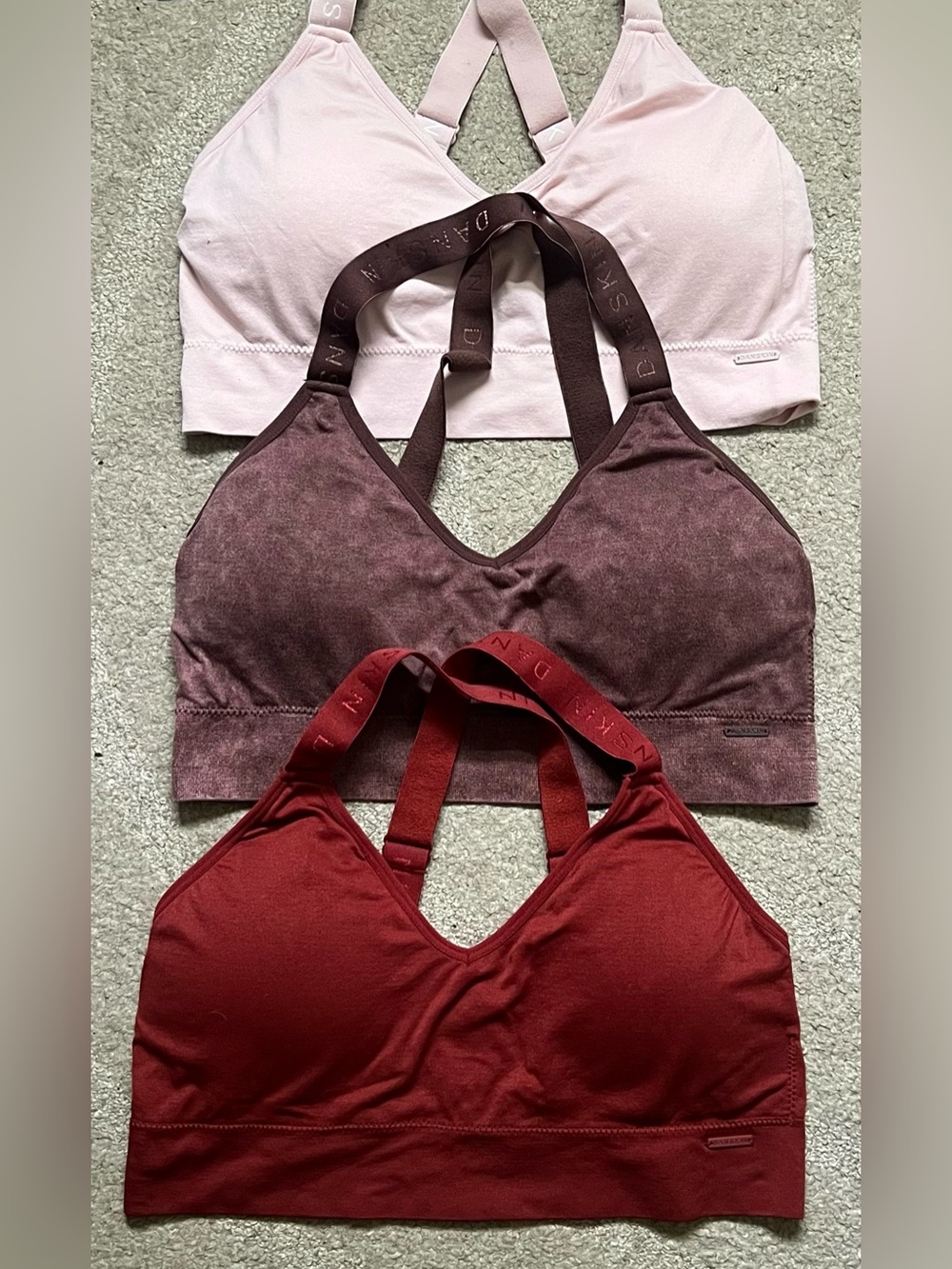 Danskin 3-Pack Seamless Sports Bralettes in Light Pink, Mauve & Wine